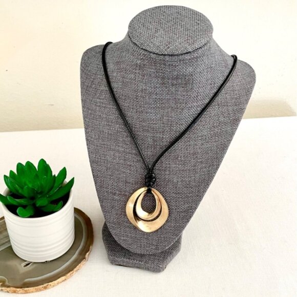 Brushed Gold Bohemian Double Ring Necklace 14K Gold Plated Black Rope Boho Goth - Picture 1 of 8